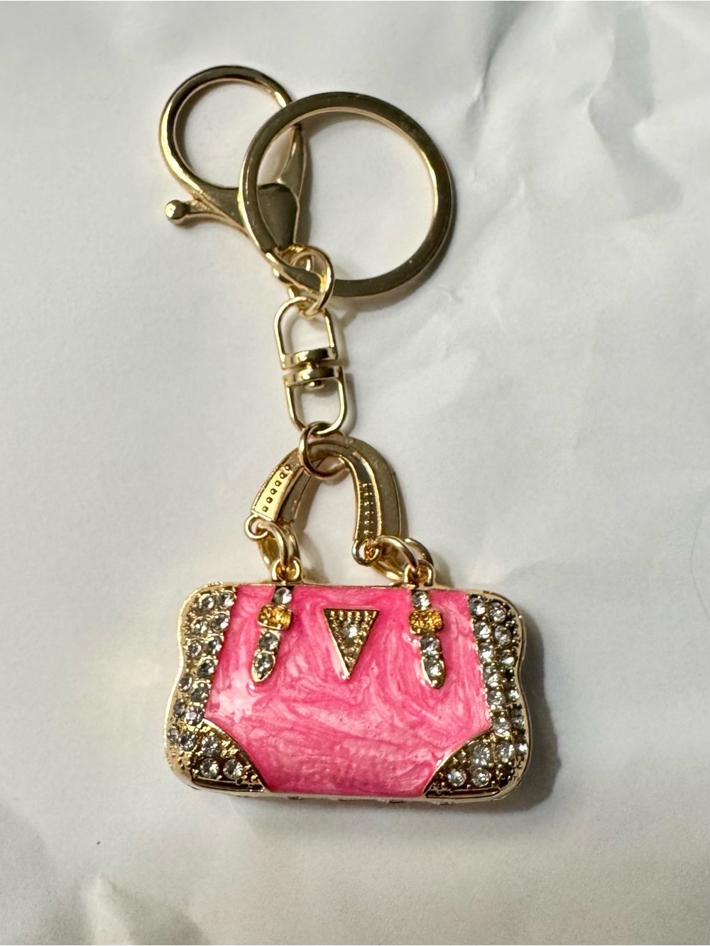 Unbranded Gold-Tone Pink OR Cream Rhinestone Handbag Keychain (price per 1) - Picture 2 of 5